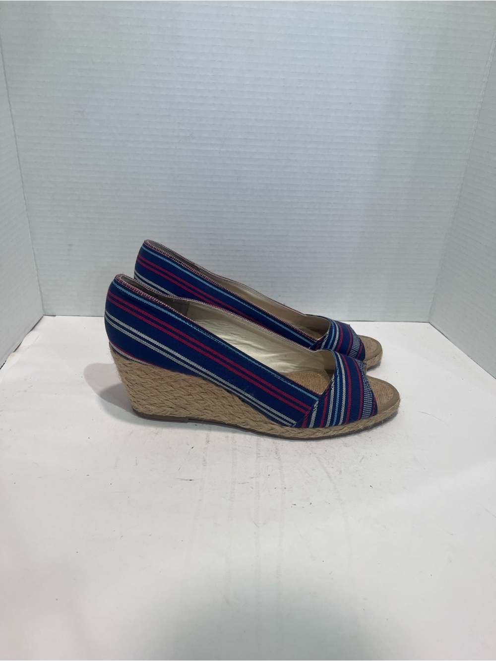 Lucky Brand Blue Striped Espadrille Wedge Peep-Toe